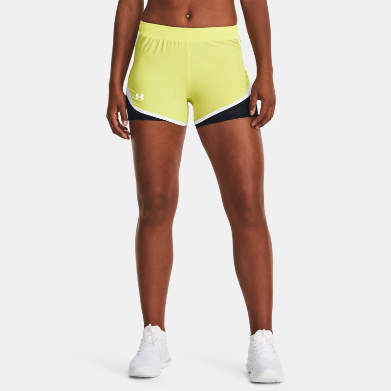 Shorts Under Armour Fly-By 2.0 2 in 1 da donna Lime Giallo / Bianco / Riflettente L